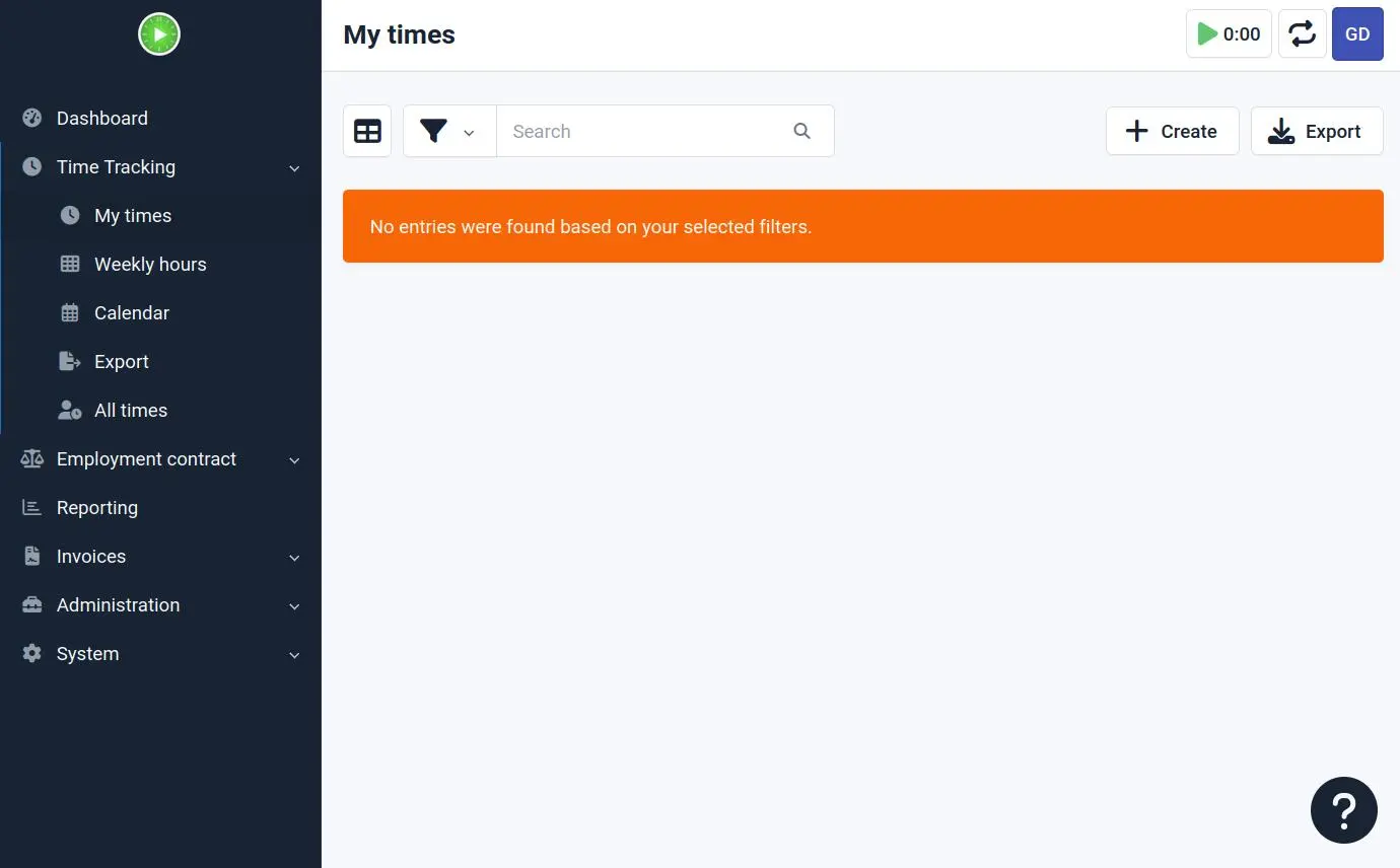 Kimai dashboard overview